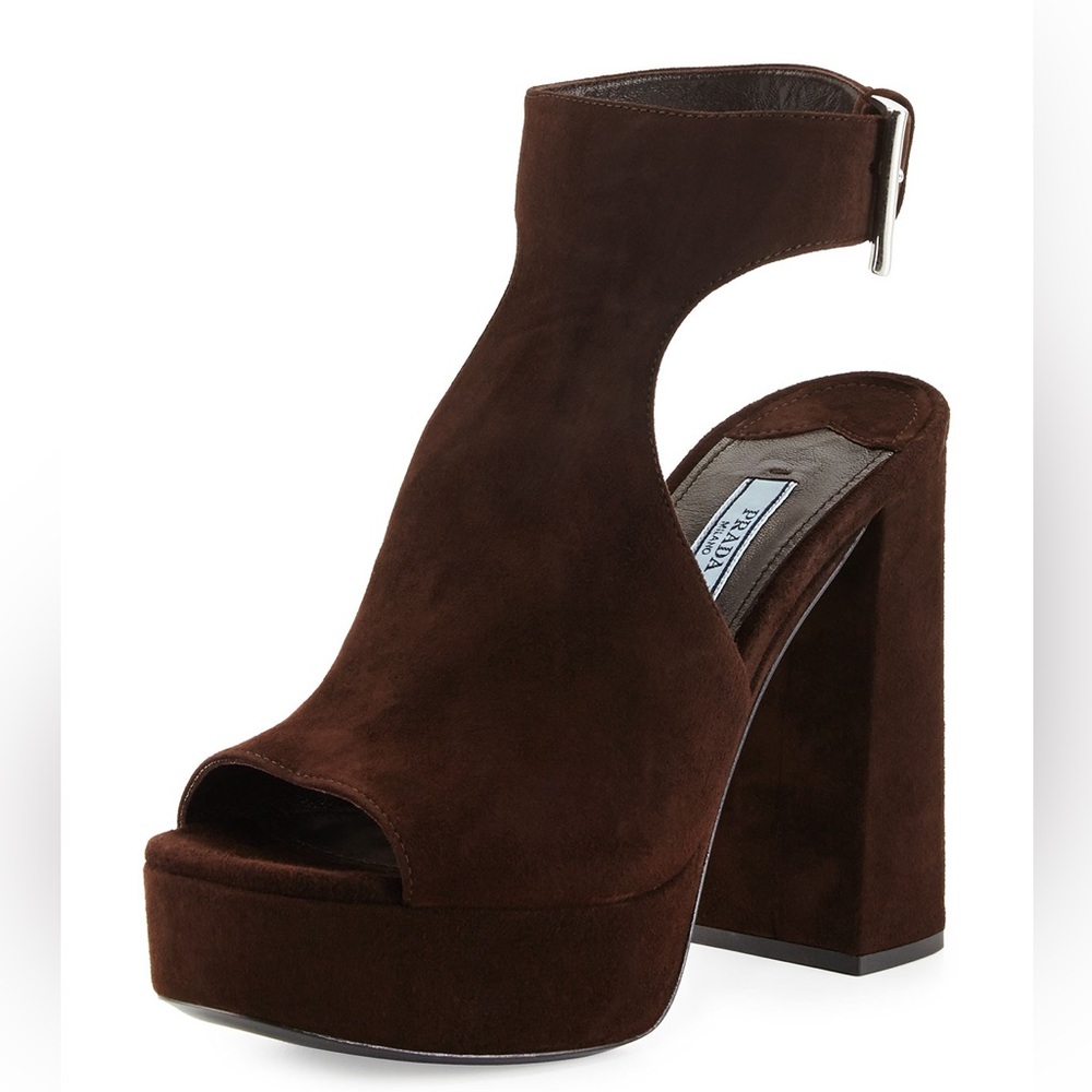 Prada size 38 Brown/ Moro Suede Ankle Wrap Platform Sandal